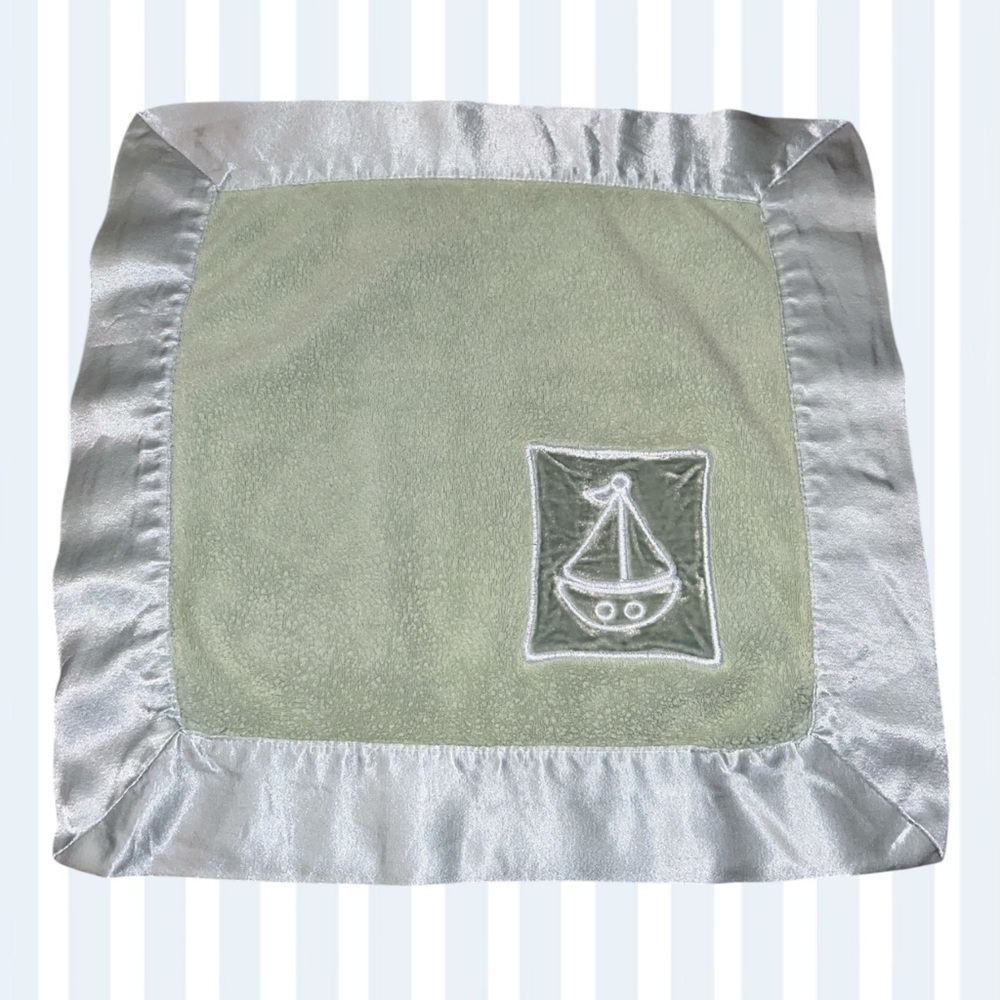 HTF Little Giraffe Green Sherpa Satin Sailboat Baby Lovey Security Blanket